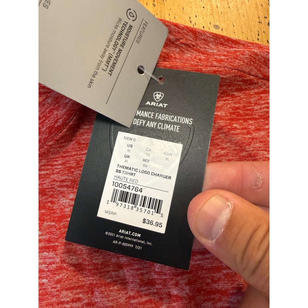 New w tags Ariat Charger XL Red Heather AriatTEK Performance Logo T-Shirt - Picture 3 of 6